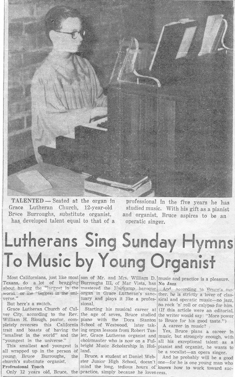 A newspaper article about Bruce playing the organ at the Lutheran church.  